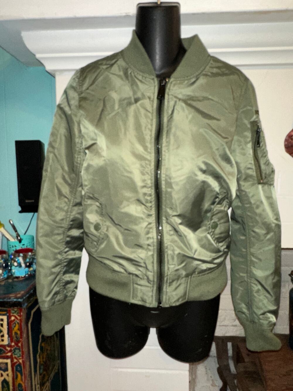 SCHOTT OLIVE GREEN AVIATOR BOMBER ARMY FIELD JACKET XS ORANGE LINING